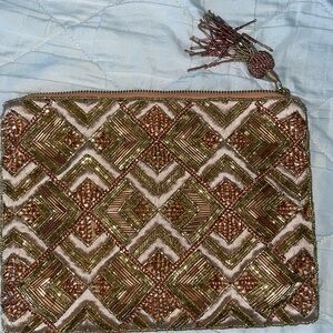 Elegant Anthropologie Gold and Brown Beaded Clutch